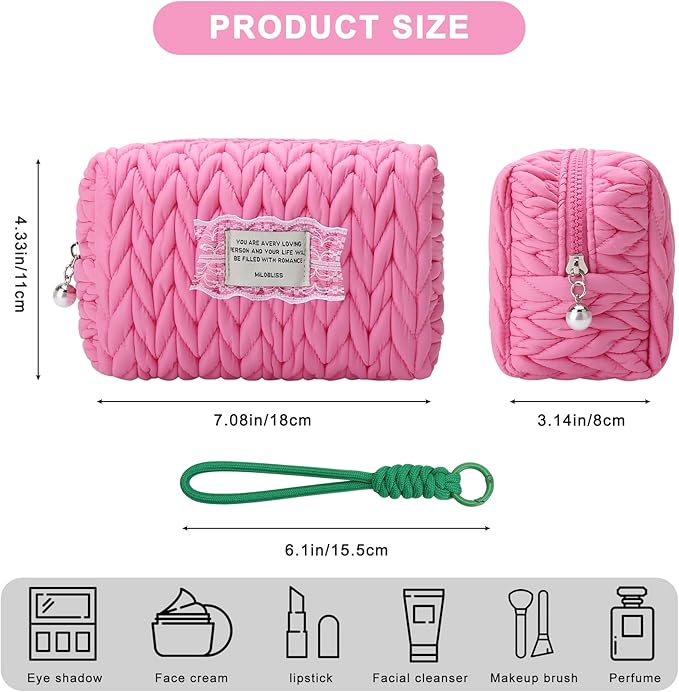 DOB SECHS Small Puffer Makeup Bag Quilted Cosmetic Bag Clutch with Wristlet, Cute Makeup Pouch for Purse, Cotton Woven Puffy Toiletry Bag for Women, Mini Travel Essentials Organized Pouches, Hot Pink