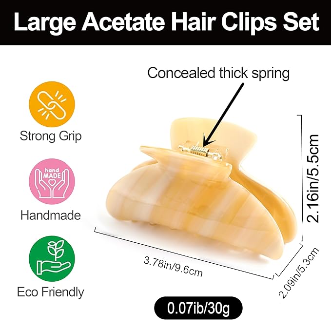 Big Claw Hair Clips for Women Hair Jaw Clips Large Hair Claw Clamps Acetate Hair Clip 2 Pack,Tortoise/Beige