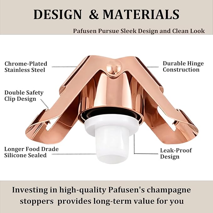 Champagne Stoppers for Bottles, Pafusen Champagne Sealer Stopper, Stainless Steel Champagne Cork Stopper Toppers, Saver for Champagne Cava Prosecco Sparkling Wine (Champagne -3-Pack-Rose Gold)