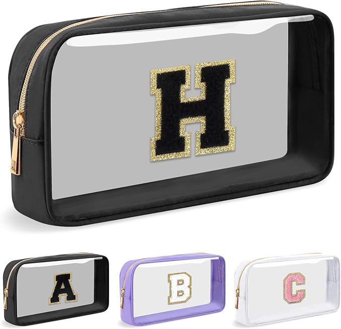 Personalized Initial Letter Clear Makeup Bag, Preppy Small Nylon & PVC Cosmetic Zipper Bag with Chenille Letter, Travel Skincare Toiletry Bag, Monogram Christmas Gift for Teen Girls Women, H