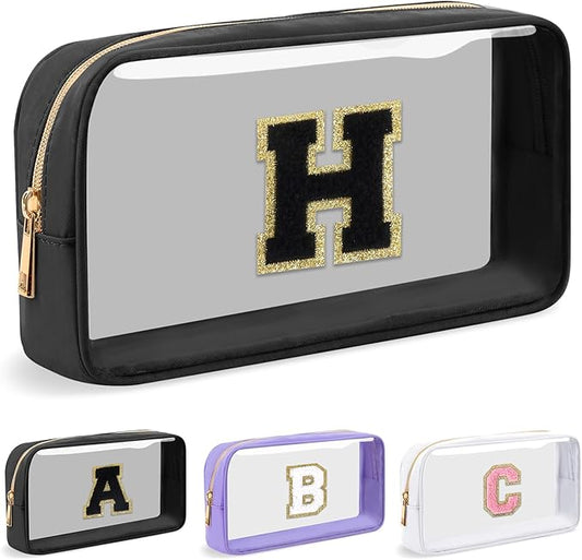 Personalized Initial Letter Clear Makeup Bag, Preppy Small Nylon & PVC Cosmetic Zipper Bag with Chenille Letter, Travel Skincare Toiletry Bag, Monogram Christmas Gift for Teen Girls Women, H