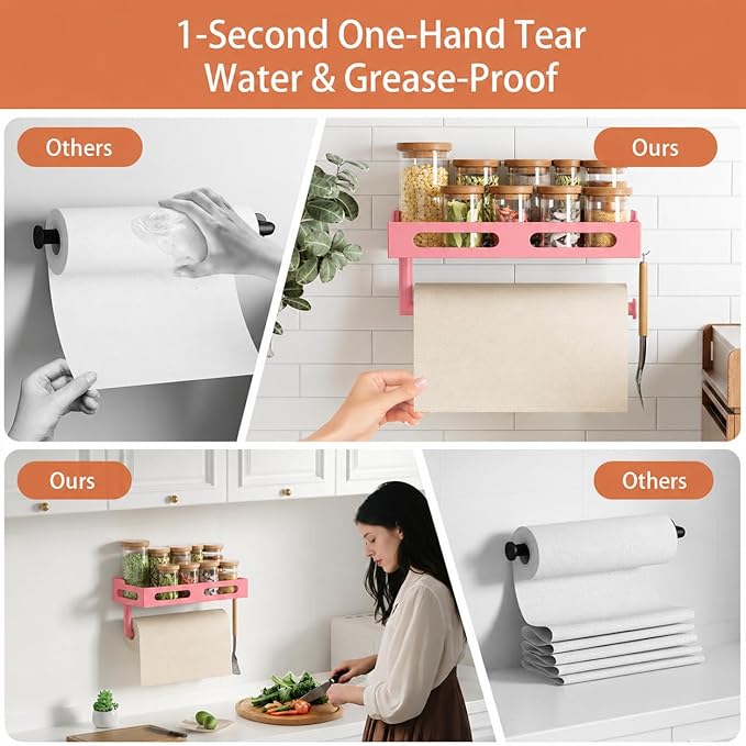 Paper Towel Holder Wall Mount with Shelf, Easy One Hand Tear, Adhesive Glue or Drill Mount Hanging Paper Towel Holder with Shelf for Kitchen/Bathroom/RV, Pink Metal, 4 Hooks