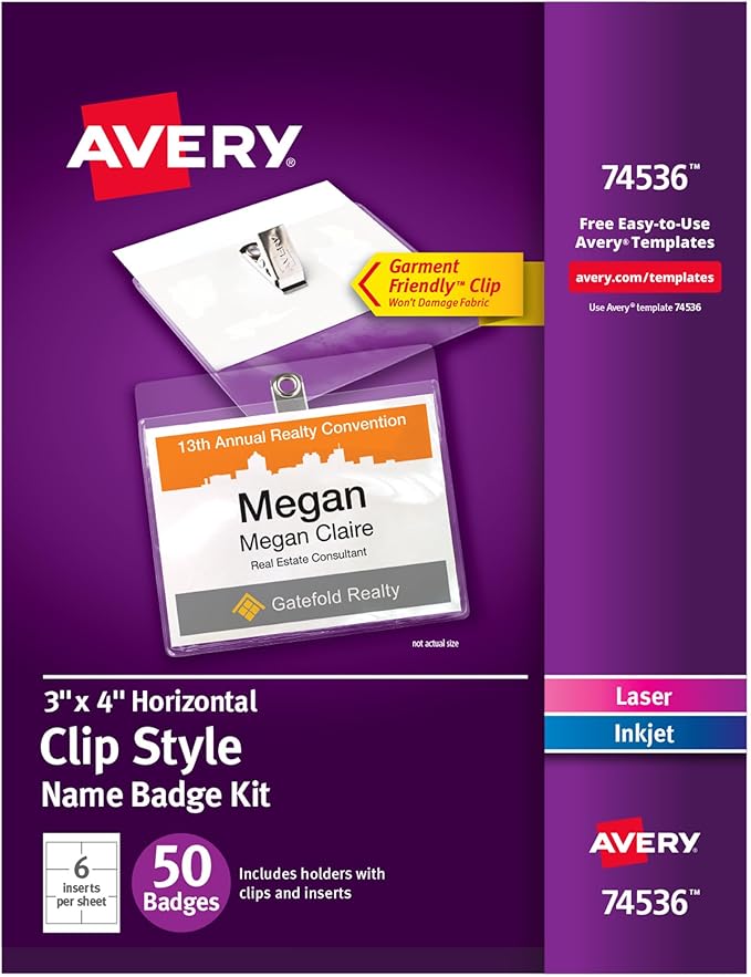 Avery Customizable Name Badges, Clip Style, 3" x 4", Clear Name Tag Holders, White Laser/Inkjet Printable Inserts, 50 Total (74536)