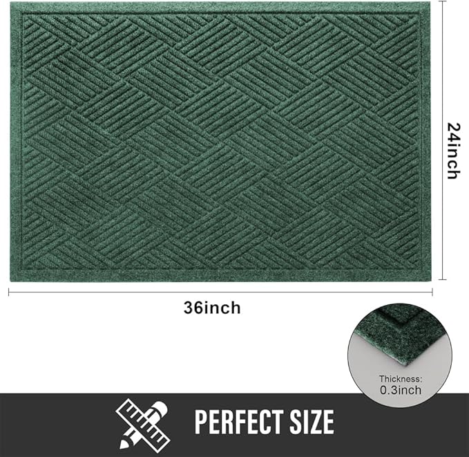 Sturdy Front Door Mat, Absorbent Muddy Dirt Resist Welcome Door Mats Outdoor Indoor, Stain and Fade Resistant, Non-Slip Rubber Backing Low Profile Doormat for Entryway, 36×24, Green