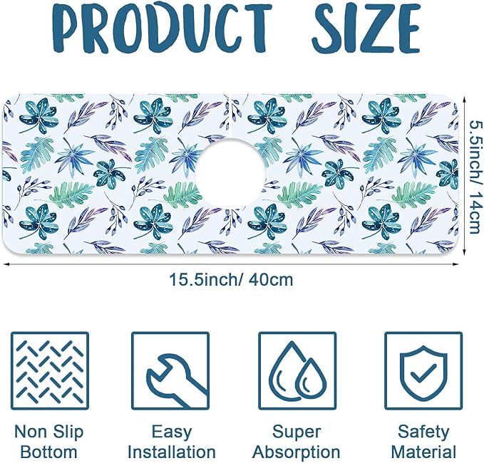 Watercolor Leaves Sink Splash Guard Faucet Mat Tropical Leaves Super Absorbent Fast Drying Mat Sink Gadgets-Splash Guard Behind Faucet Drip Catcher for Kitchen Bathroom, 15.5"x5.5"