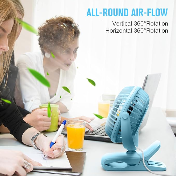 BESKAR Clip on Fan, Portable Small Desk Fans with Strong Airflow, 3 Speeds with Personal Fans Sturdy Clamp, Quiet Desk Fan & Clip Fan with USB Cord Powered - No Battery