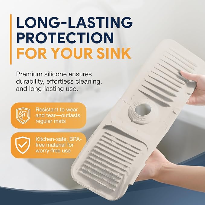 24” Silicone Faucet Mat For Kitchen Sink, Kitchen Sink Splash Guard Behind Faucet, Kitchen Faucet Mat For Kitchen Sink, Kitchen Sink Faucet Mat Splash Guard and Sink Water Splash Guard (Beige)