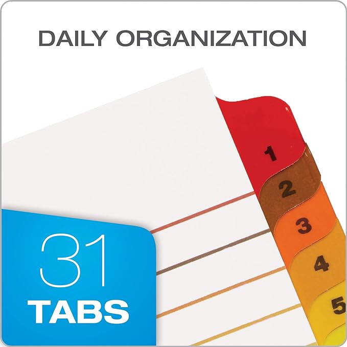 Oxford Binder Dividers, 31 Tabs, Numbered 1–31, 3 Pack, Customizable Table of Contents Page, Reversible Multicolor Tabs, 3-Hole Punched for Binders