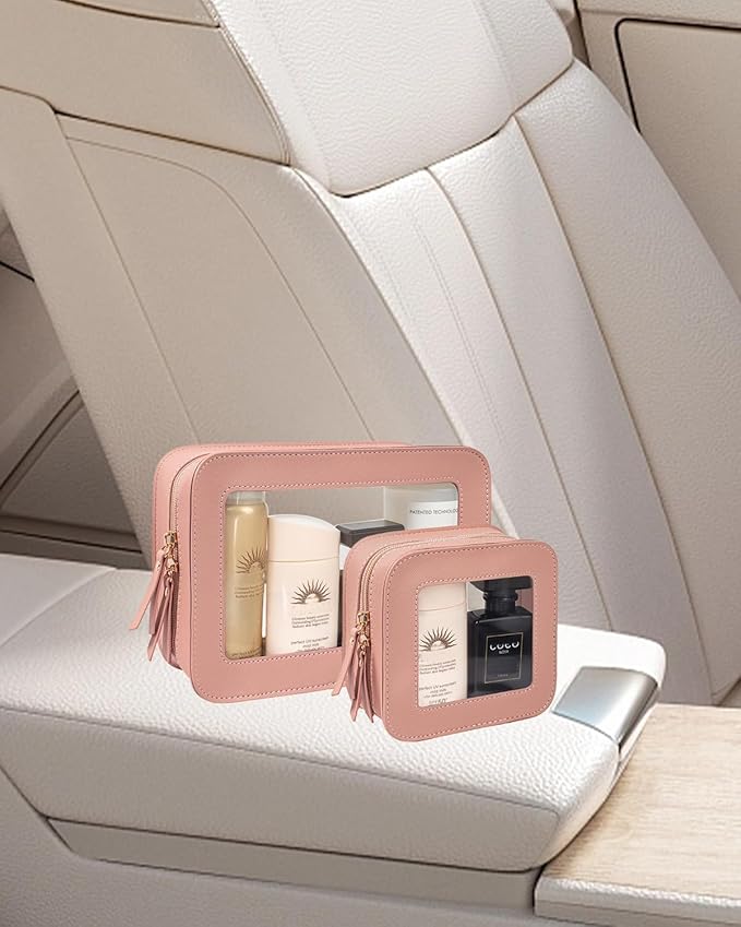 2 Pcs Travel Clear Makeup Bag Set, Clear Pink Makeup Organizer with Zipper Leather Travel Bags for Toiletries Small Cosmetic Bags for Women Mini Make up Pouch Toiletry Bags Car Essentials