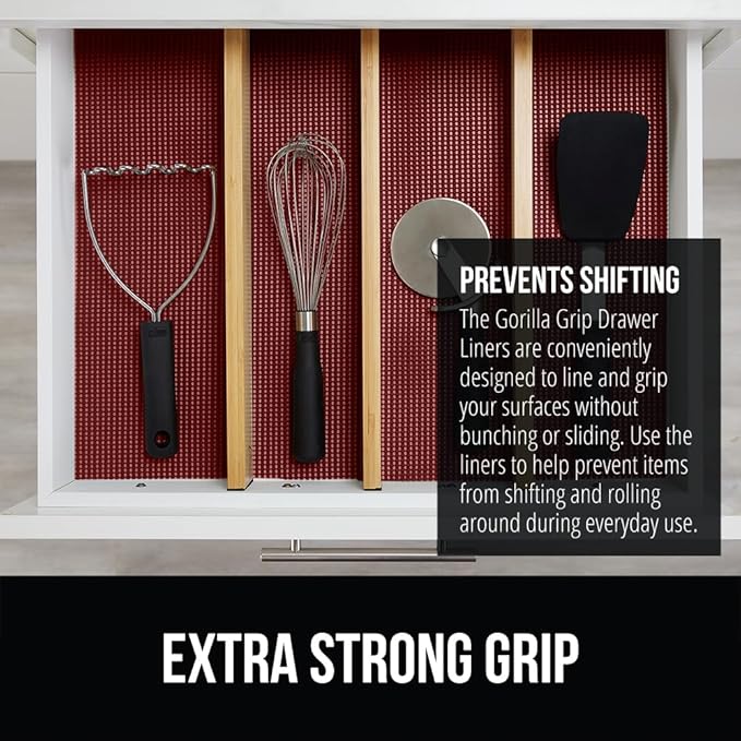 GORILLA GRIP powerGRIP Drawer Shelf and Cabinet Liner, Thick Strong Hold, Non-Adhesive Liners Protect Kitchen Cabinets and Cupboard, Bathroom Drawers, Easy Install, Breathable Mat, 12" x10', Red