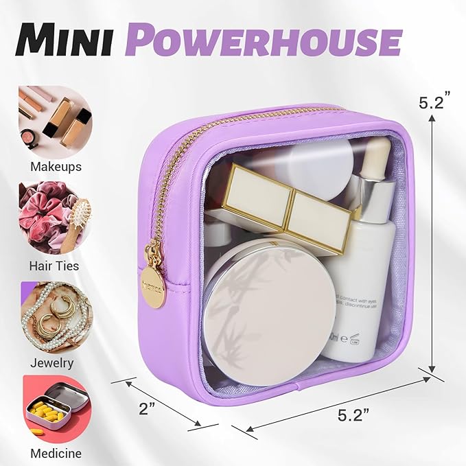Aveniee Make up Bag for Purse, Clear Mini Cosmetic Bag Cute Zipper Pouches for Organizing Car Essentials Travel Toiletry Lipstick-Purple