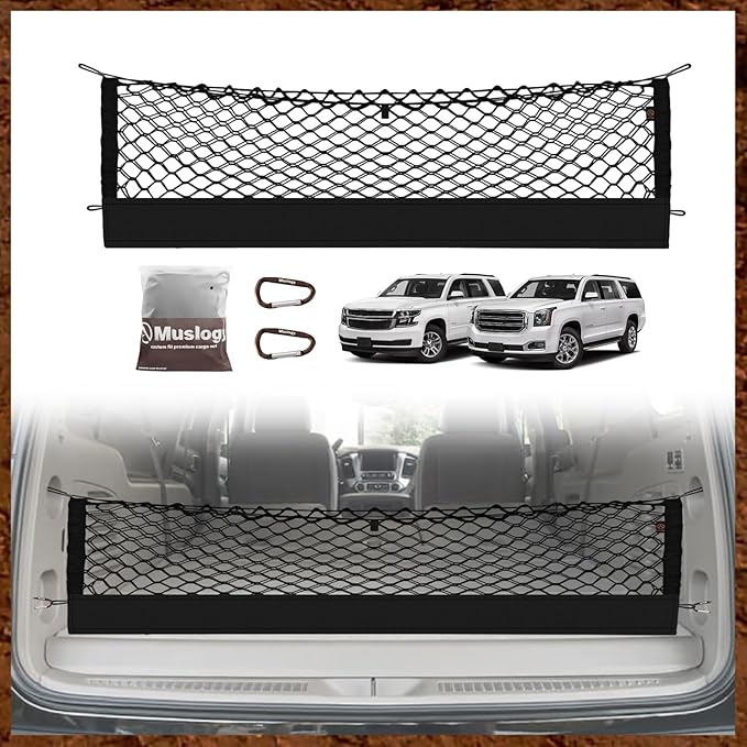 Muslogy Envelope Style Trunk Cargo Net Compatible with 2015-2020 Chevy Suburban, GMC Yukon XL Accessories Upgraded Mesh Storage Luggage Net with Metal Hooks