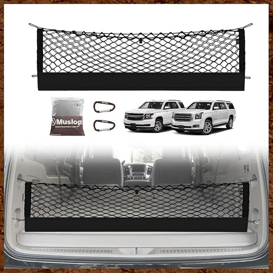 Muslogy Envelope Style Trunk Cargo Net Compatible with 2015-2020 Chevy Suburban, GMC Yukon XL Accessories Upgraded Mesh Storage Luggage Net with Metal Hooks