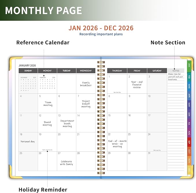 Planner -2026, Hardcover Weekly & Monthly Calendar Planner, January 2026 - December 2026, 6" x 8", Daily Agenda Book with Colorful Tabs, College Organizer Notebook, School & Work Supplies for Student Teacher Classroom