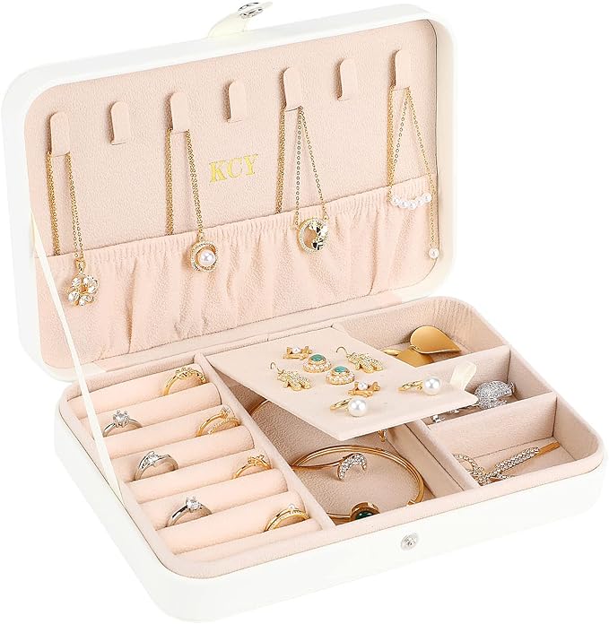 KCY Jewelry Box for Women Girls,Small Travel Jewelry Organizer Case,PU Leather Portable Jewellery Storage Boxes Display Holder for Ring Earrings Necklace Bracelet Bangle, Men Teen Kids Gift, White