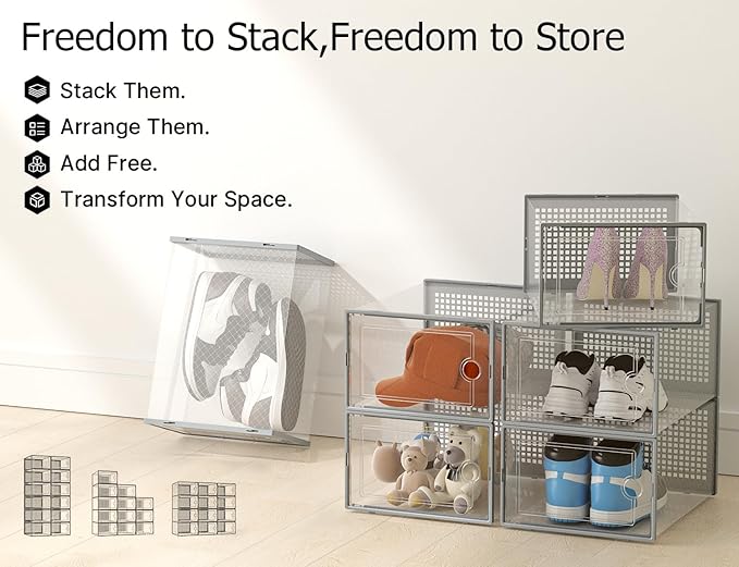 Kuject XX-Large Shoe Storage Boxes Organizers Clear Plastic Stackable 12 Pack, Shoe Rack & Holder Substitute, Sneaker Containers, Shoe Storage Organizer Bins for Closet, Under Bed, Grey (No Fold Line)