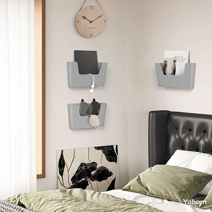 YOHOM Adhesive File Holder Plastic Document Folder Door No Drilling Mount Mail Magazine Organizer A4 Filing Envelopes Folder, Office Wall Mount Single Pocket(GREY, 3 PCS)