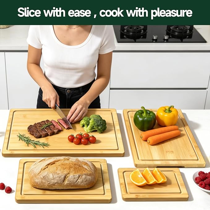 4-Piece Set Bamboo Cutting Board for Kitchen - Crack-Resistant Wood Chopping Boards with Deep Juice Grooves, Pre-Oiled Butcher Block for Meat, Vegetables & Cheese, Natural