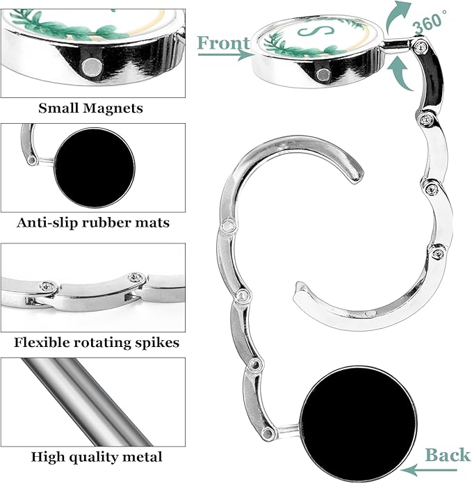 XSUIOY 3Pcs Personalized Initial Foldable Purse Hook for Table,Crushed Flower Letters Folding Purse Hanger,Purse Holder Handbag Hanger Collection Desk Table Bag Hooks Gifts for Women Bag(Green-S)