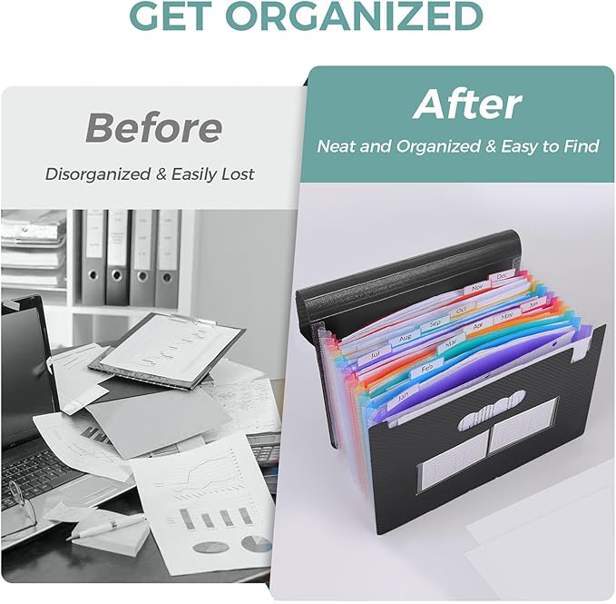 SKYDUE Accordion File Organizer, 12 Pockets File Folders, Letter Size Expanding File Folder with Colored Tabs and Expandable Cover, Portable Bill Receipt Organizer Black