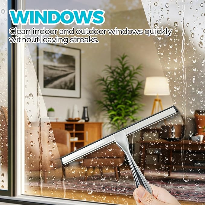 ALFLOD 2PACK All-Purpose Shower Squeegee for Shower Doors, Tile Shower Walls, Bathroom, Window, Glass and Car Windshield, Mirrors and Kitchen-Stainless Steel, 9.8-Inch, Silver