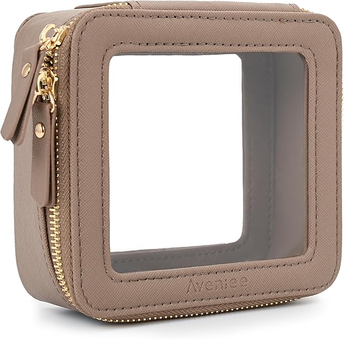 Aveniee Mini Clear Makeup Bag, Small Travel Toiletry Bag Cosmetic Bags TSA Approved, Clear Makeup Case Pouch with Zipper, Car Organizer Essentials for Women Men,Taupe
