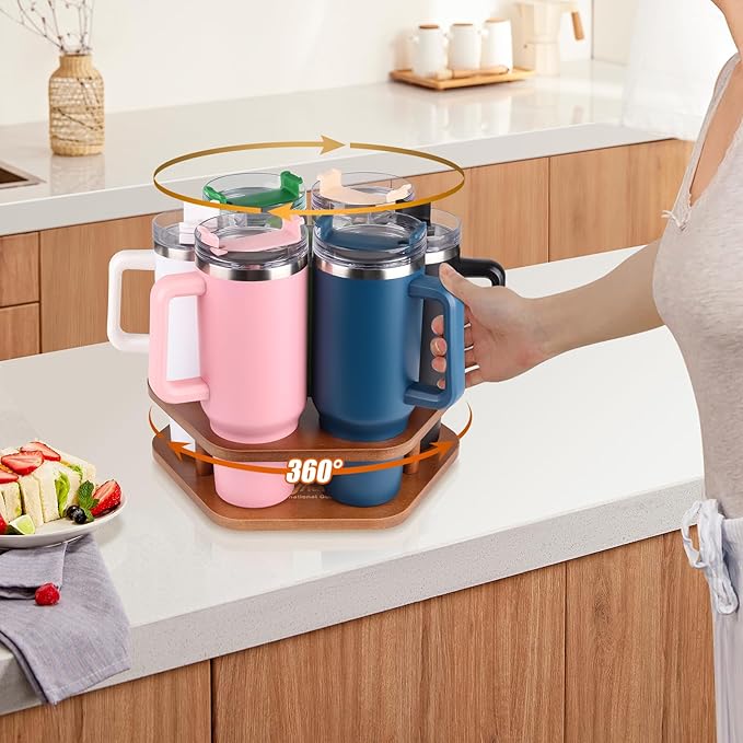 Water Bottle Organizer for Stanley 40 oz Tumbler, 7 Slots Rotatable Stanley Cup Organizer for Kitchen Cabinets, Wood Tumbler Organizer Holder for Stanley Cup Accessories Brown