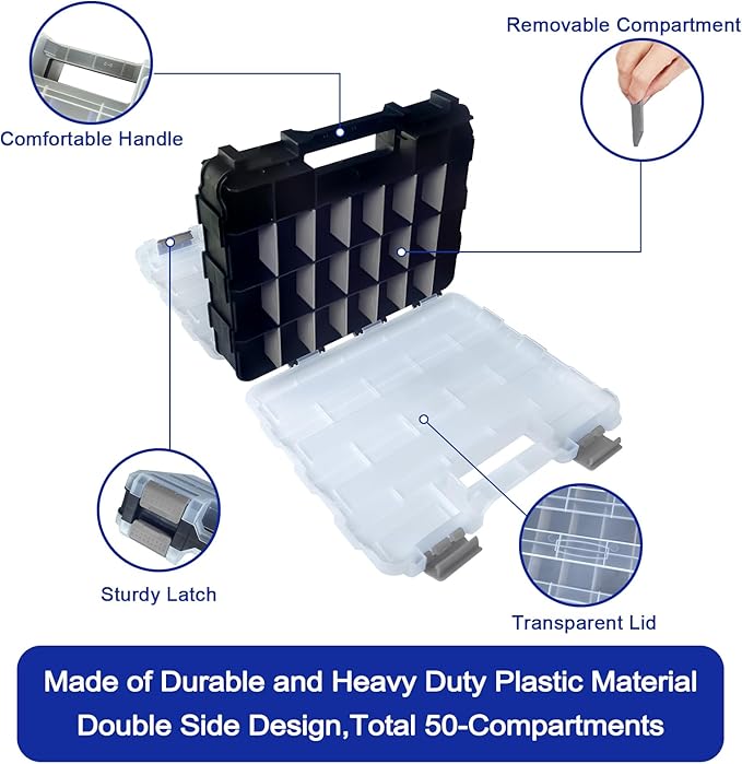 Double Side Tool Box Organizer, Hardware Storage Box, Portable Small Parts Organizer with Removable Plastic Dividers for Screws, Nuts, Nails, Bolts, Grey