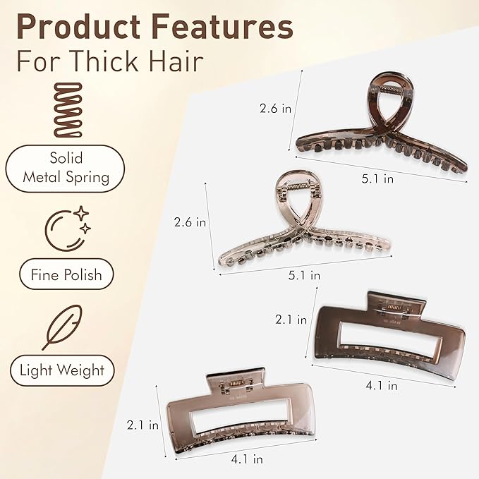 Emma Lily 4pcs Large Hair Claw Clips for Women – Dark & Light Grayish Brown, Strong Hold for Thick & Medium Hair, 2 Designs for Casual Daily Use