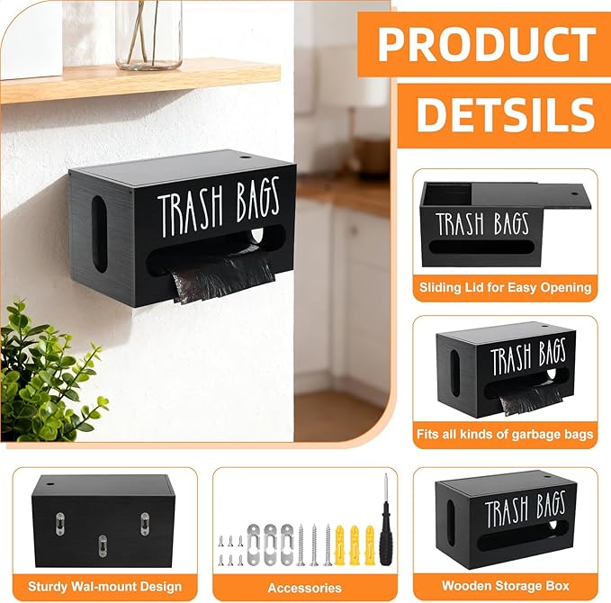Trash Bag Dispenser, Wall Mounted, Small Wood Trash Bag Holder, used in kitchen, garage, laundry room, can store environmentally friendly food bags and garbage bags (Black/Small)