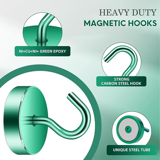 Neosmuk Magnetic Hooks, Cruise Ship Essentials, 80lb+ Heavy Duty Magnetic Hooks for Cruise Cabins, Refrigerator, Grill, Hanging, and Travel | Extra Strong Must-Have Magnet Hook, Green, 5 Pack