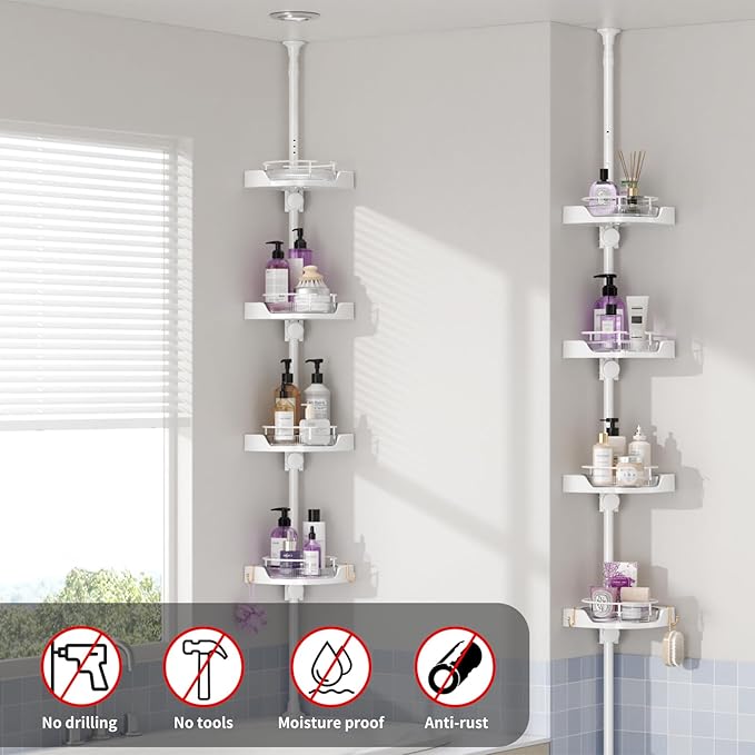 360° Rotating Shower Caddy Tension Pole, 4 Tiers Corner Shower Organizer for Bathroom Shelf Bathtub, Adjustable Standing Shower Rack Bathroom Accessories, Easily Assemble, 34-124 Inch Height, White