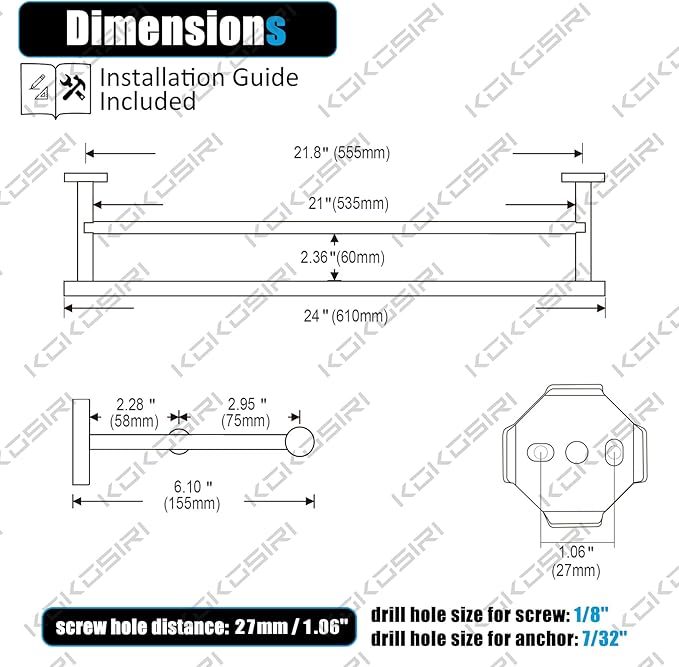 KOKOSIRI Towel Rails Bathroom Hardware Towel Bars Matte Black 24 Inch Bath Towel Holder for Cabinet Kitchen Wall Stainless Steel B5005BK-L24