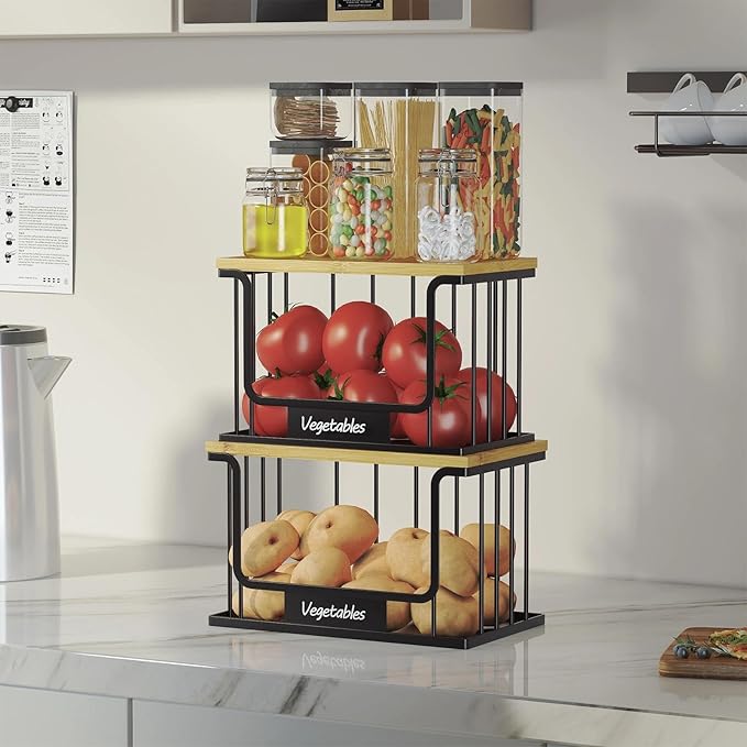 1 Pack Trash Bag Holder, Stackable Garbage Bag Dispenser Under Sink with Bamboo Top & Metal Base for Kitchen Countertop Organization and Storage, Laundry, Pantry Organizer (Black, 11.2" × 6.7" × 7.1")
