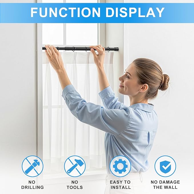 1 Pack Spring Loaded Tension Rod 17-41" Adjustable Curtain Rods No Drill Extendable Spring Rod Tension Curtain Rods For Window Kitchen Shelves Rv Refrigerator And Small Spaces,Black
