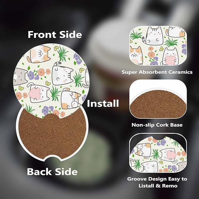 Car Cup Holder Coasters, 2 Pcs Ceramic Coasters with Cork Back and Finger Slot, Anti-Slip Shock Absorbing Women and Men Universal Car Accessories - Love Cat
