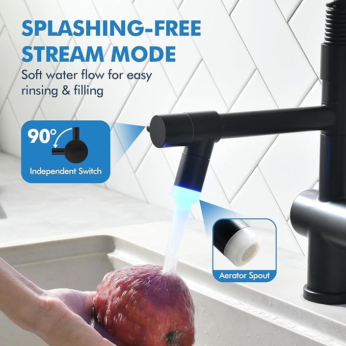 VFAUOSIT Matte Black Kitchen Faucet with LED Light – Commercial Spring Pull Down Dual Outlet, 360° Swivel Lower Spout + High Pressure Sprayer, Stainless Steel for RV Camper Laundry Sink