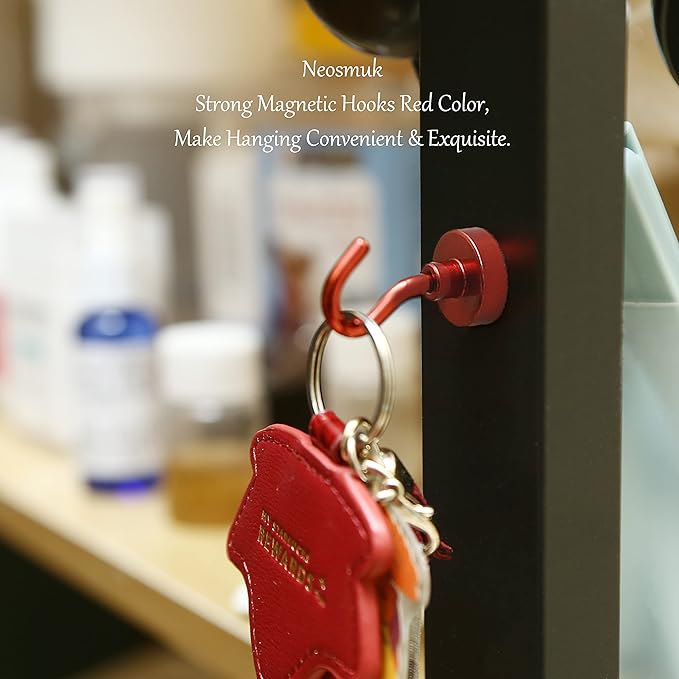 Neosmuk Magnetic Hooks, Heavy Duty 30lb+ Strong Magnet Hook for Cruise Cabins, Cruise Ship Essentials for Hanging, Metal Wall Refrigerator Hangers (Red, 12 Pack)