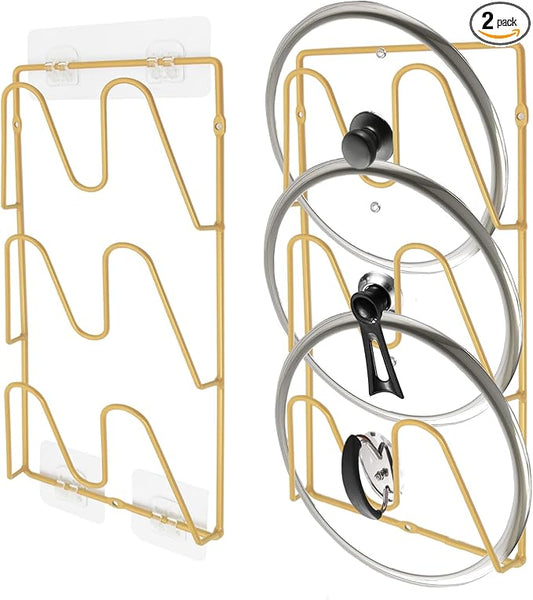 2 Pack Pot Lid Organizer Rack, 6 Tier Hanging Pot Lids Holder Inside Cabinet Door, No Drilling Adhesive Wall Mounted Pan Lid Organizer, Kitchen Cooking Lid Storage Rack for Cupboard (Gold)
