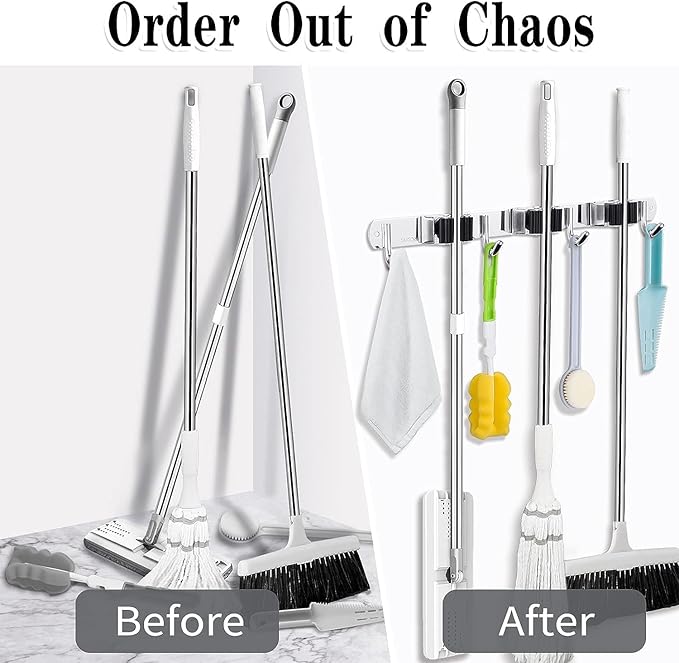 2 Pack 3 Racks and 4 Hooks Broom and Mop Holder Wall Mounted Garage Organizer Storage Tool Racks Stainless Steel Heavy Duty Hooks Self Adhesive Solid Non-slip Wall Hangers for Home Kitchen Garden