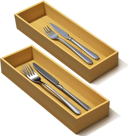 Bamboo Drawer Silverware Organizer, Silverware Tray, Flatware Organizer, Bamboo Storage Box Suitable for Office, Bathroom and other objects storage (9.85"x3.55"x1.78"- Set of 2)