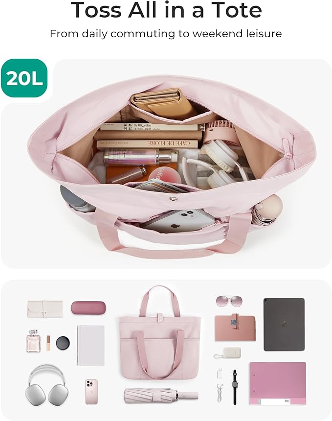 BAGSMART Tote Bag for Women, Foldable Tote Bag With Zipper Travel Large Shoulder Bag Handbag for Work-16.5''l X 6''wx 14''h