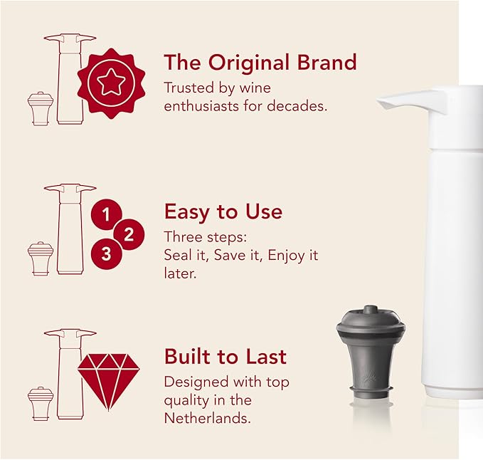 Vacu Vin Original Wine Saver with 2 Vacuum Bottle Stoppers – Wine Preserver Pump for Red or White Wine – Manual Air Remover System – Airtight Seal – Keep Wine Fresh Longer – White