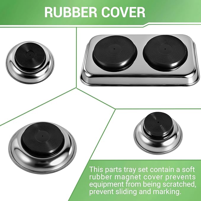 GURADESIGN Magnetic Tray 4-Piece, Large Magnetic Parts Tray and Round Magnetic Parts Tray Set, Stainless Steel Heavy Duty 9.5" W x 5.5''L Square and 6" 4" 3"Round Tools Tray