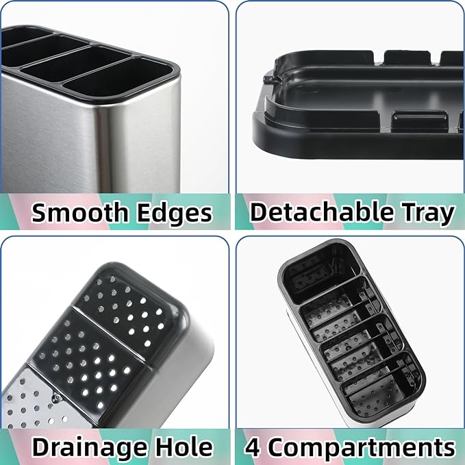LIBODOUR Utensil Holder,Stainless Steel Caddy Counter,Spoon holder,4 Compartments Silverware Caddy,Capacity Flatware Spoon Fork Tool Cutlery Holder（Silvery）