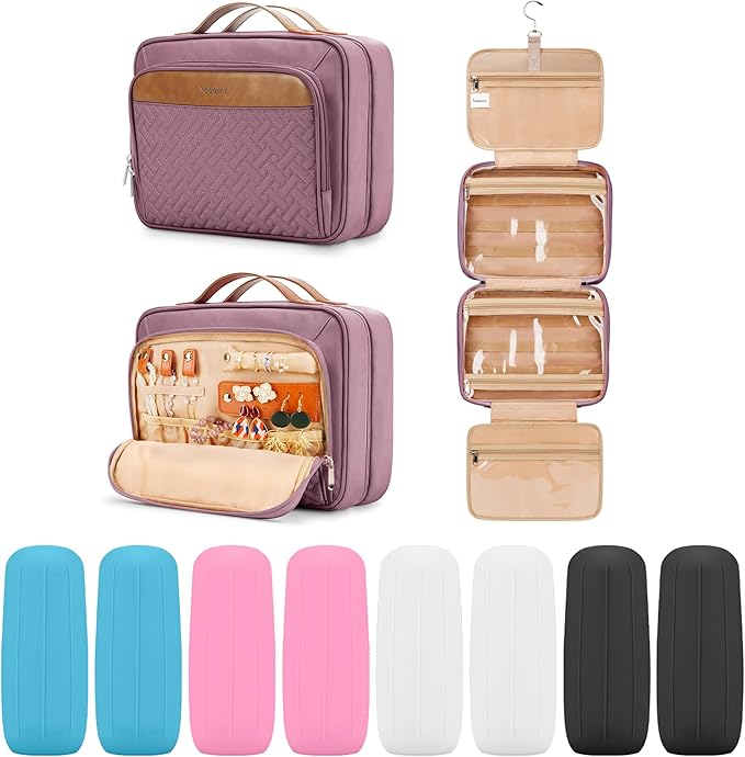 Travel Hanging Toiletry Bag for Women and Men, with 8 Leak-Proof Silicone Bottle Covers, Waterproof Makeup Accessories, Cosmetic Essentials, Toiletries Dopp Kit Set with Jewelry Organizer, Purple