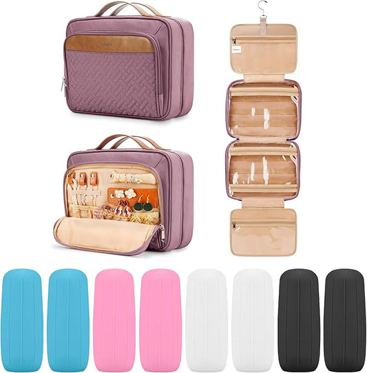 Travel Hanging Toiletry Bag for Women and Men, with 8 Leak-Proof Silicone Bottle Covers, Waterproof Makeup Accessories, Cosmetic Essentials, Toiletries Dopp Kit Set with Jewelry Organizer, Purple