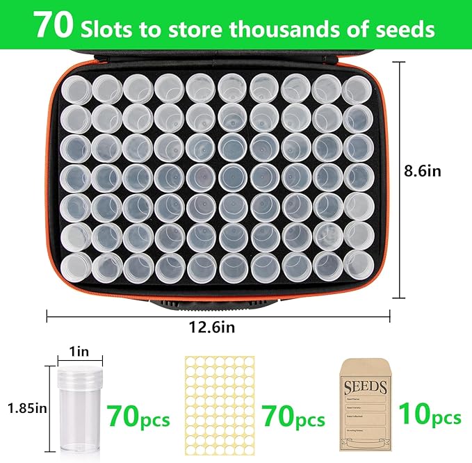 70 Slots Seed Organizer Storage Box with 10PCS Seed Envelopes, Premium Seed Containers for Various Sizes Vegetable and Flower Garden Seeds, Gardening Seed Keeper Set with Useful Accessories (Orange)