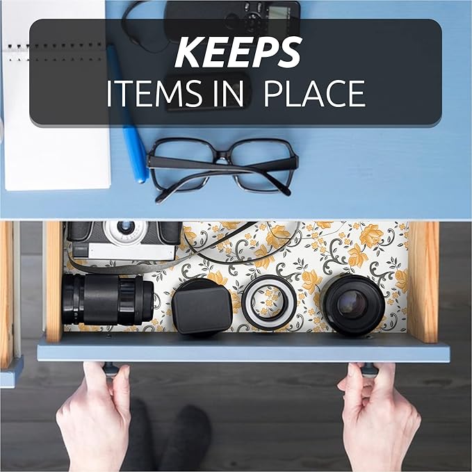 FIFTY FEET 12X120 Inch Shelf Liner for Kitchen Cabinets, PVC Drawer Liner for Dresser Non-Slip Bathroom, Non-Adhesive Cabinet Liner Washable (Yellow Floral)(7 Roll)