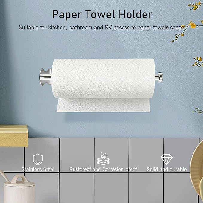 SetSail Paper Towel Holder, Paper Towel Holder Under Cabinet with Adjustable Damper Easy Tear Wall Mount Self-Adhesive or Drilled for Kitchen Bathroom, Silver